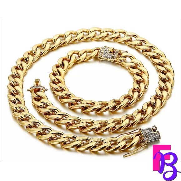 *NEW!* 2 Piece Set - 14MM 18K Cuban Chain & Bracelet - Picture 1 of 12